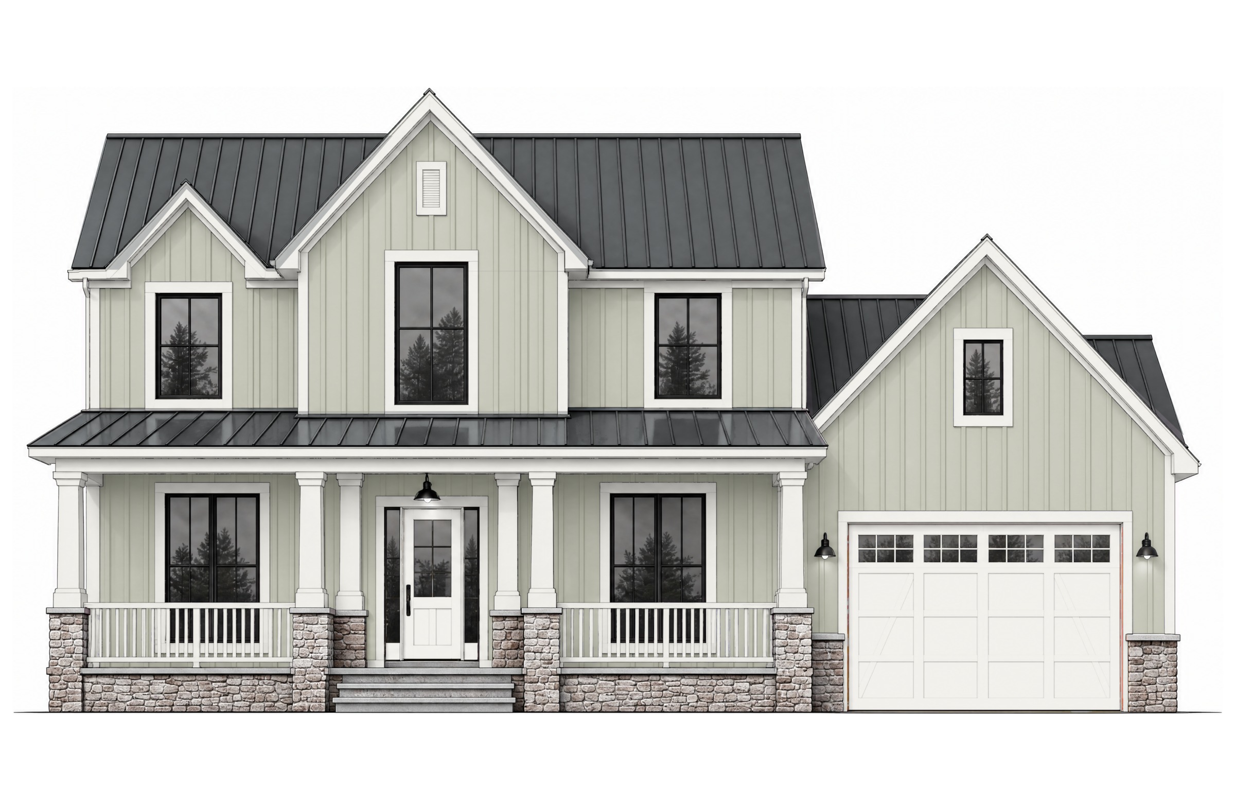 Modern farmhouse with sage body, light trim, white doors, and a medium gray roof